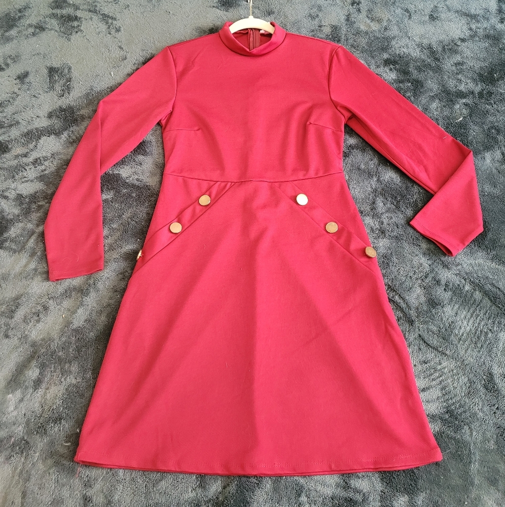 May & June red dress with gold buttons